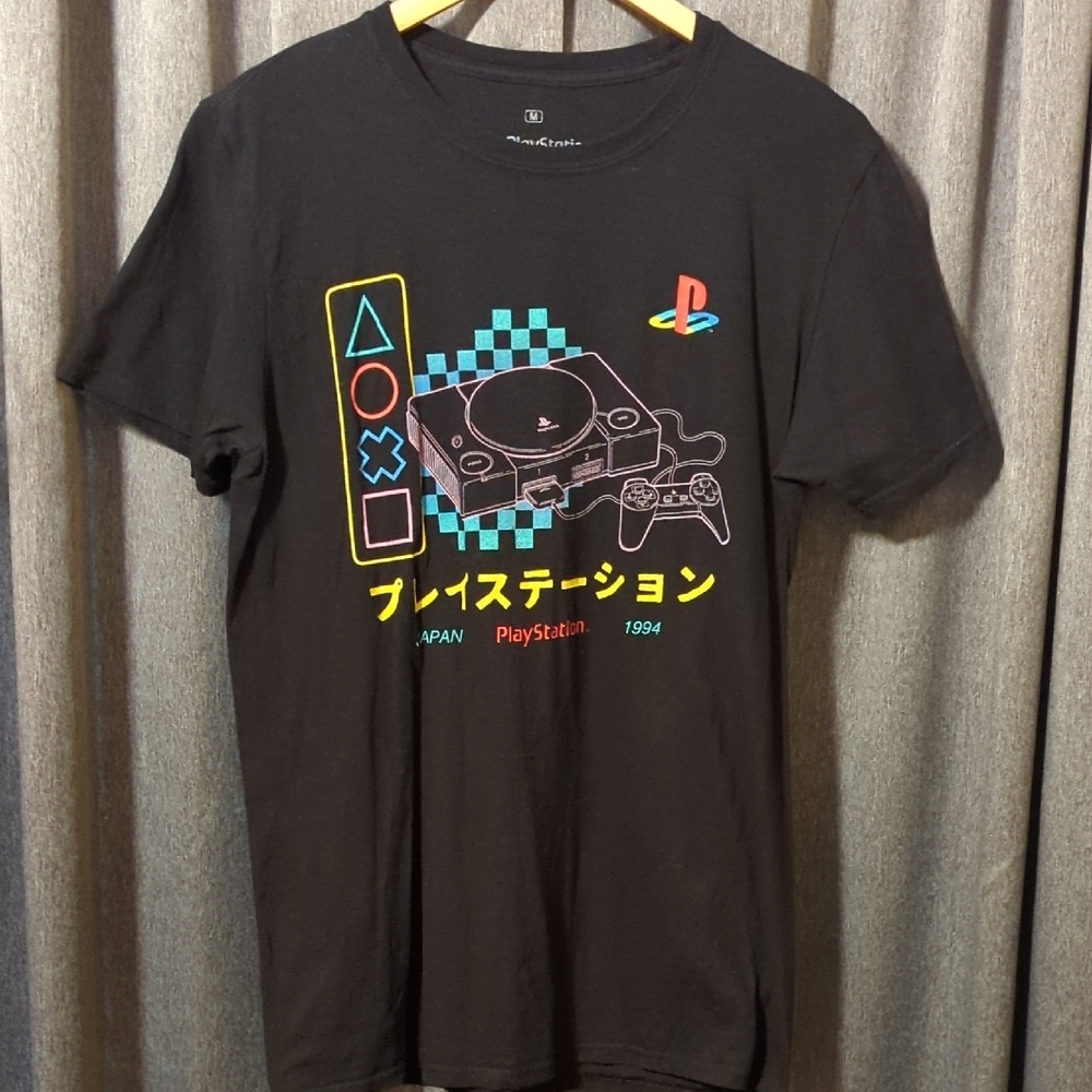 PlayStation Graphic Tee - Black with Neon Console Print EUC